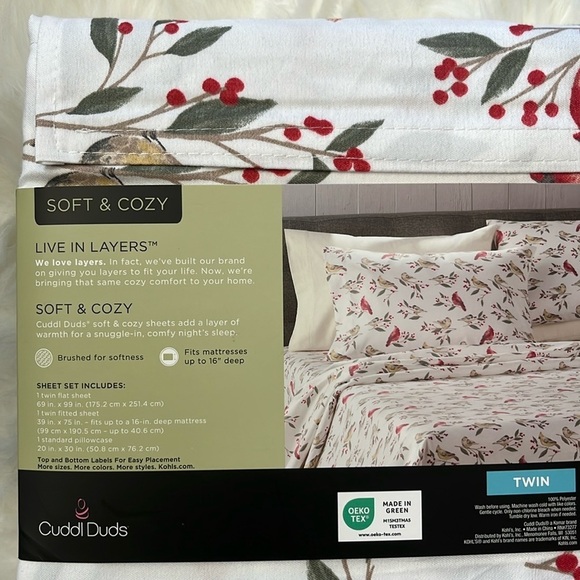 🆕 Cuddl Duds Twin Sheet Set Soft and Cozy Microfiber Cardinals - Picture 3 of 3